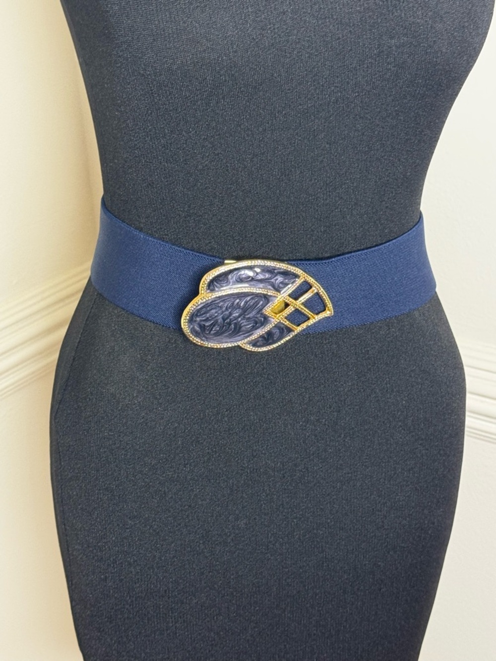 Stretch Navy Waist Belt with Gold Ornate Buckle
